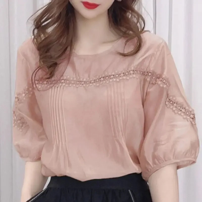 Loose Ice Silk Cotton Blouse Womens Summer Style Lace Splicing Hollow Bubble Sleeve Short Sleeve Top Large Size 250609