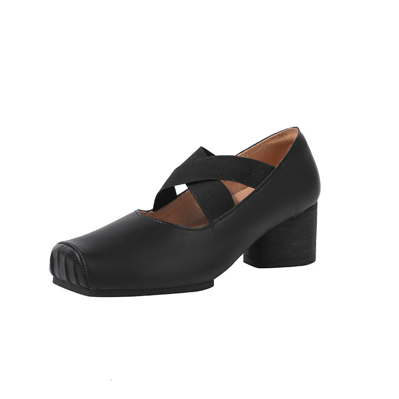 Ddmysheep Ddmysheep Genuine Leather Mary Jane New Cross Strap Square Toe Pleated Ballet High Heel Outdoor Single Shoes For Women