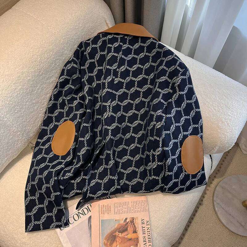 Trendy Women's Knit Print Patchwork Leather Denim Coat Autumn Fashion Lapel Long Sleeves Jacket Female 1LS128