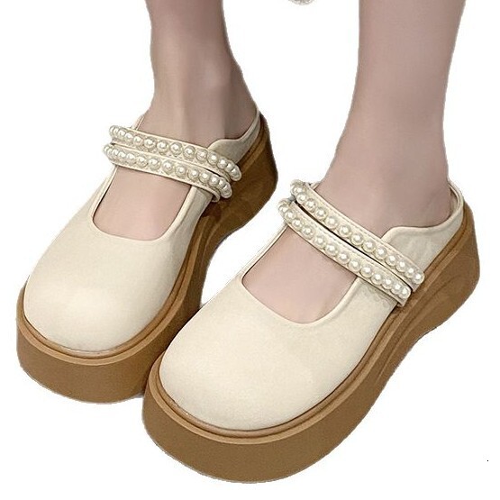 Ddmysports Spring Summer French Closed Toe Mules For Women New Pearl Fairy Style Thick Soled Mary Jane Sandals Outdoor Shoes