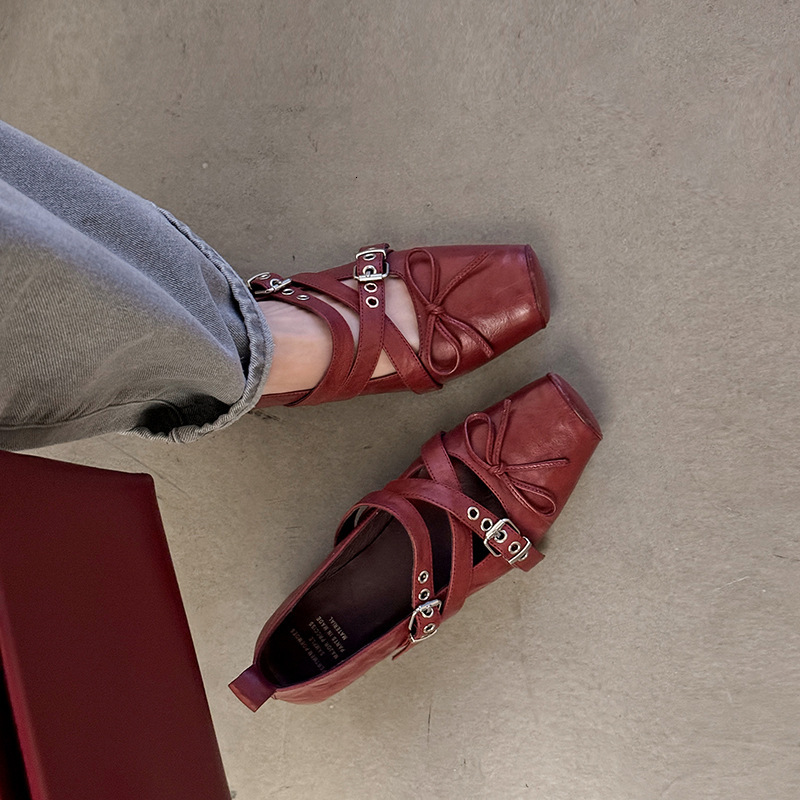 Ddmysheep Ddmysheep Bowknot Ballet Style Square Toe Strap Buckle Single For Women Spring Autumn New Mary Jane Shoes