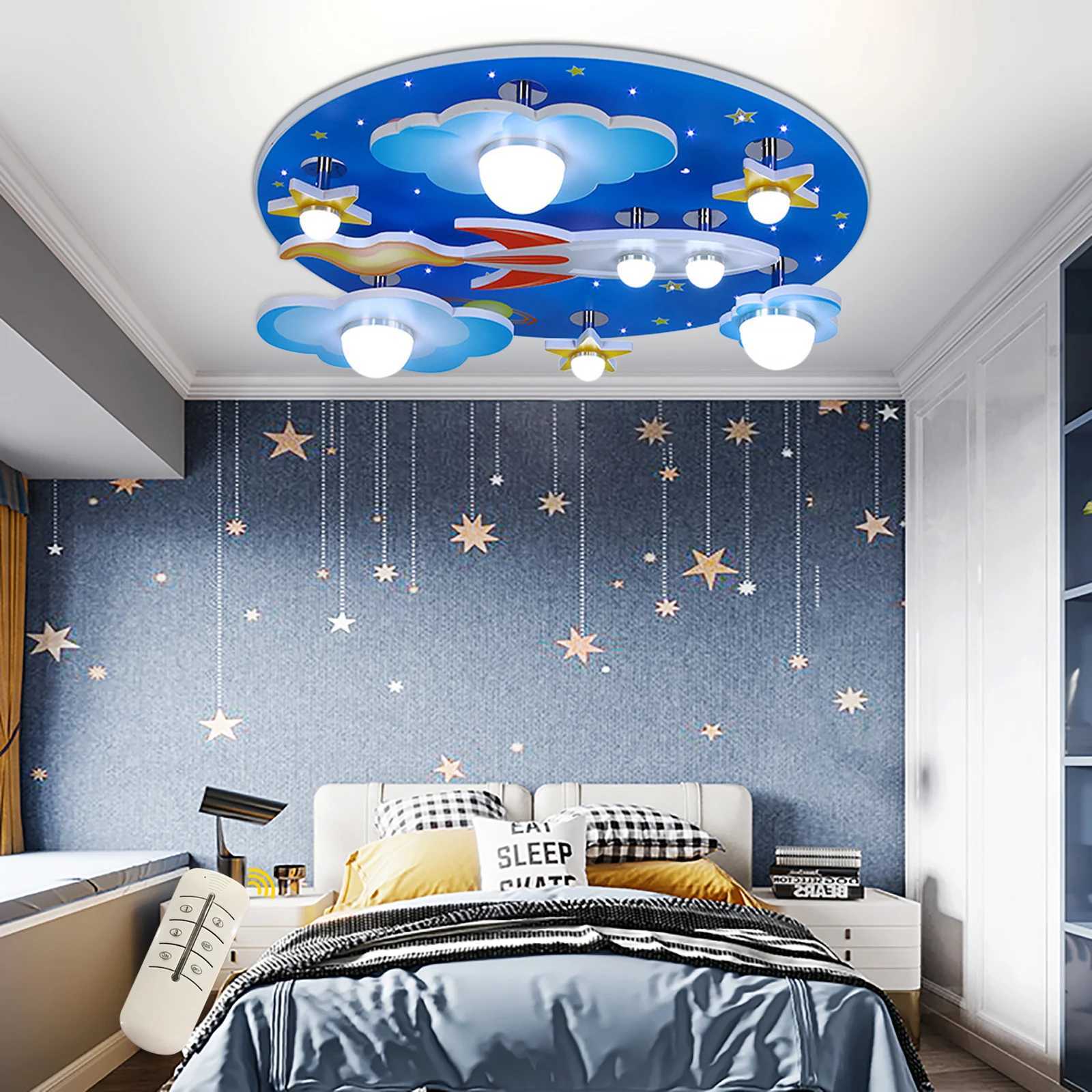 23.62 Modern Cartoon LED Ceiling Light Dimmable Blue Wood Cosmic Stars Flush Mount Chandelier Childrens Room Lighting Fixture XJ2500613