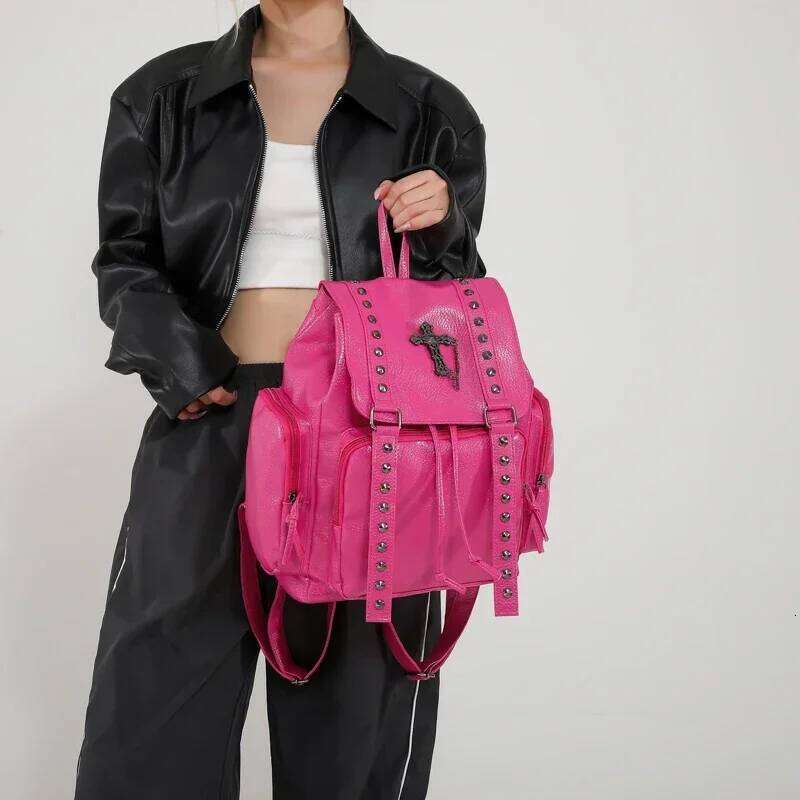 Y2k Backpack Women Gothic Punk PU Leather Shoulder Ladies Vintage Backpacks College Large Capacity SchoolBag