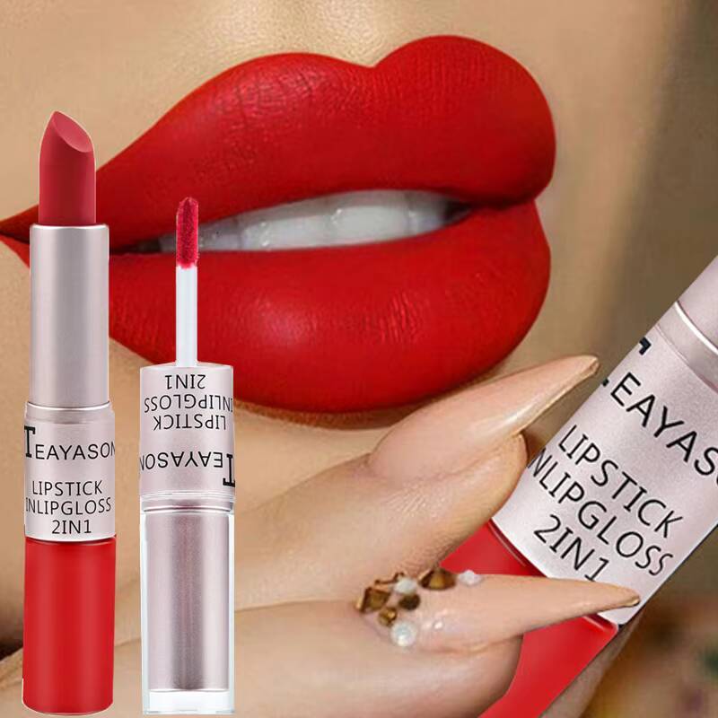 1Pc Long Lasting Velvet Double Head Non-stick Cup Lip Gloss Waterproof 2 in 1 Matte Red Lipstick Makeup happy