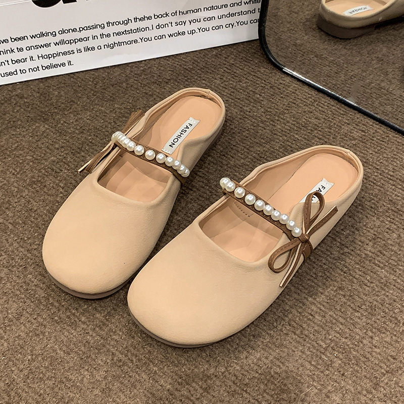 Ddmyoutdoor Baotou Half Slippers For Women Outdoor Wear Summer New French Style Pearl Bow Gentle Flat Lazy Sandals Outdoor Shoes