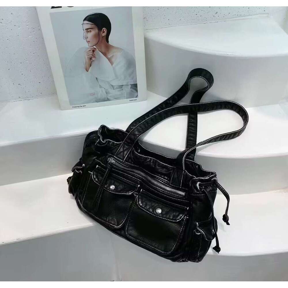 2025 New Fashion Underarm Punk Washed PU Shoulder Bag for Women Niche Design Drawstring Closure Motorcycle