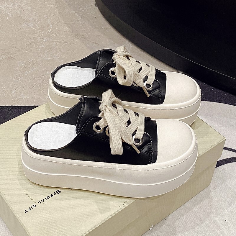 Ddmysports Platform Thick Soled Height Increasing White Shoes Closed Toe Half Slippers For Women New Spring And Autumn Slip On Office Casual Sneakers 