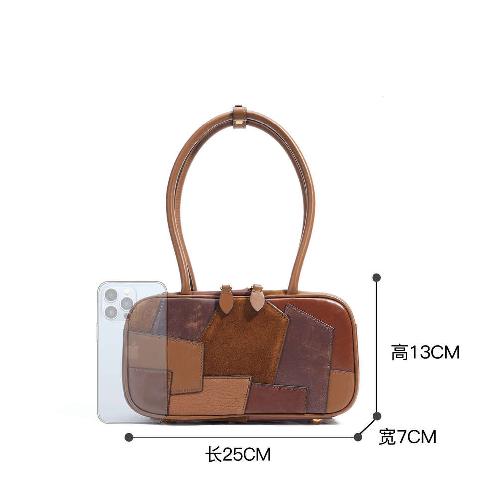 2025 Top Layer Cowhide Patchwork Bowling Briefcase Maillard Series Women's Handbag Underarm Bag