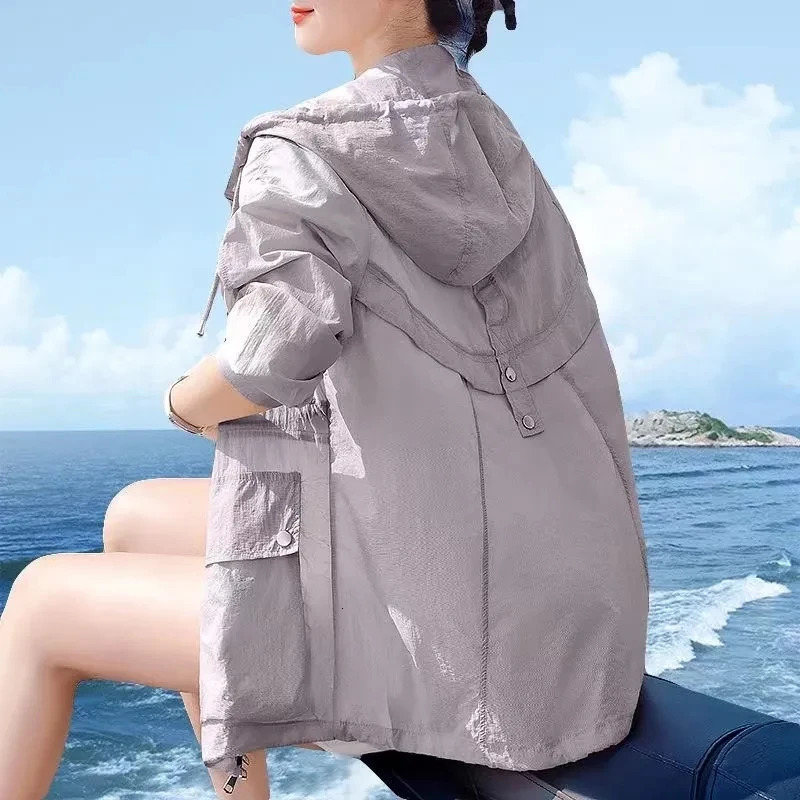 Summer Hooded Sun Protection Clothing Womens Thin Short Jacket Women Trench Coat 250611