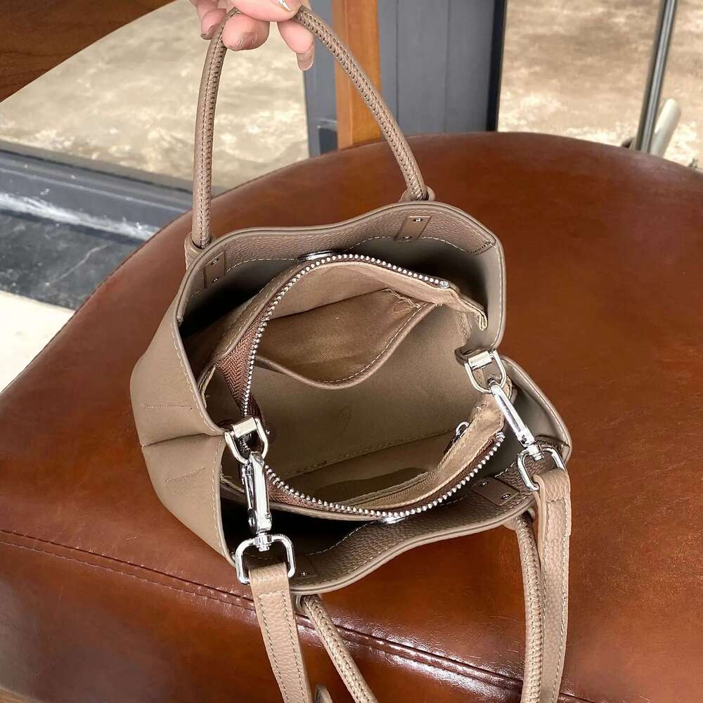 2025 Leather Women's Handbag Small Tote with Detachable Mini Purse Minimalist Bucket Bag