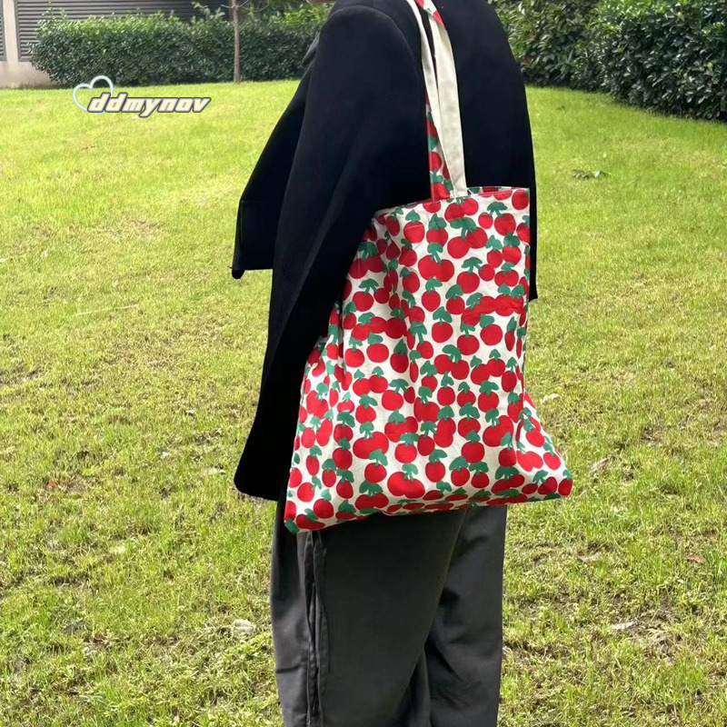 Summer New Printed Tote Little Cherry Large Capacity Canvas Niche Shoulder Bag ddmynov