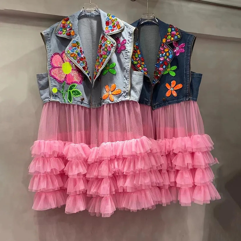Flowers Sequins y Mesh Patchwork Ruffles Denim Waistcoat Crystal Jeans Vest Diamonds Beads Jacket Turn Down Collar Tank 250611