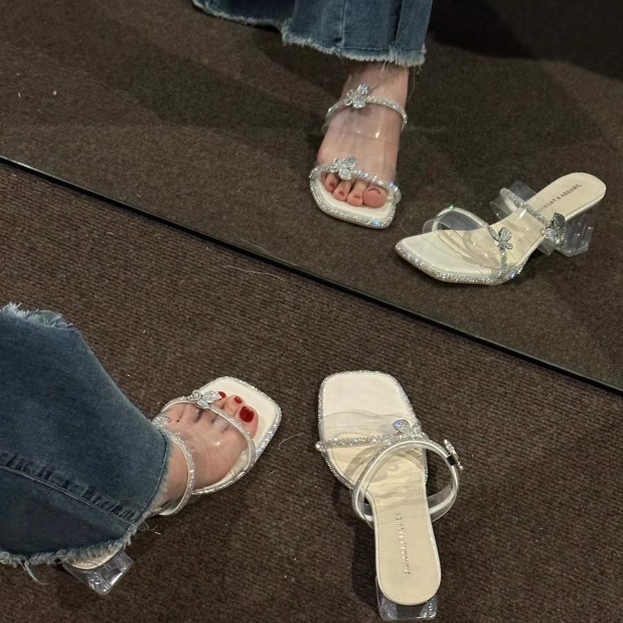 Ddmysports Women S Shoes Summer New Sandals Mid Crystal High Heels Chunky Heel Two Way Wear Rhinestone Outdoor Slippers Outdoor Shoes