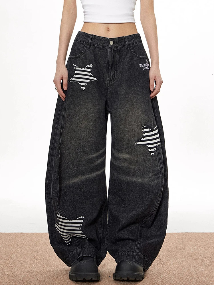 Black Womens Jeans High Waist Vintage n Hip Hop Baggy Denim Pants Street Y2K American Style Wide Leg Trousers 250612