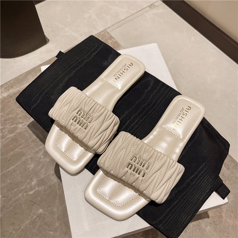 Ddmyoutdoor Women S Summer Outdoor New Flat French Pleated Casual Beach Sandals Fairy Style One Strap Slippers Outdoor Shoes