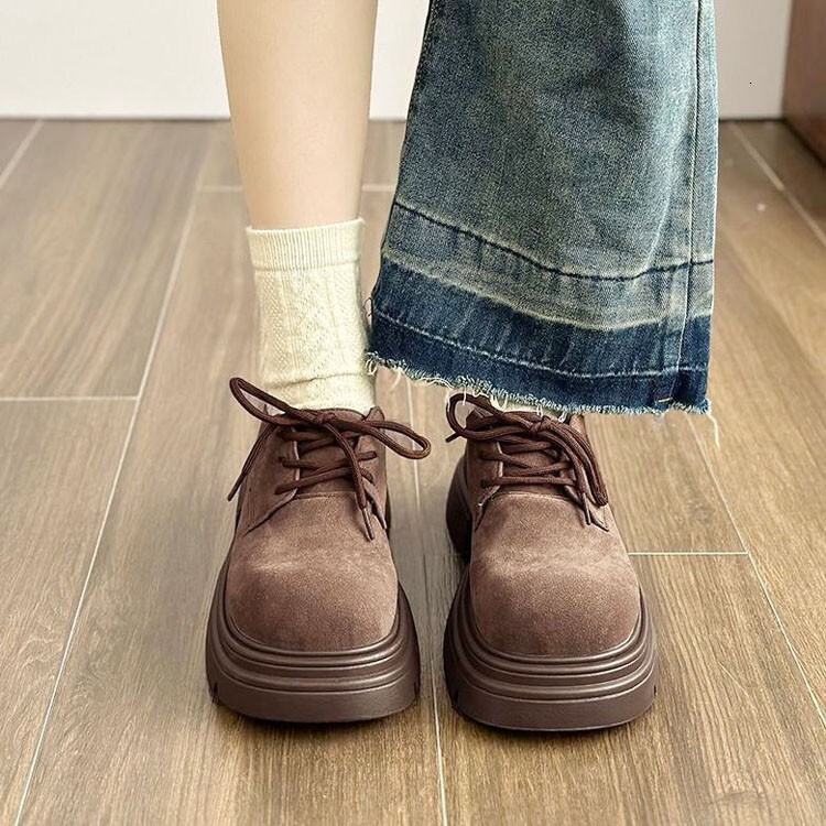 Ddmysports Brown Short Boots For Women Autumn Winter New British Style Versatile Platform Thick Sole Lace Up Chunky Leather Shoes Outdoor Shoes