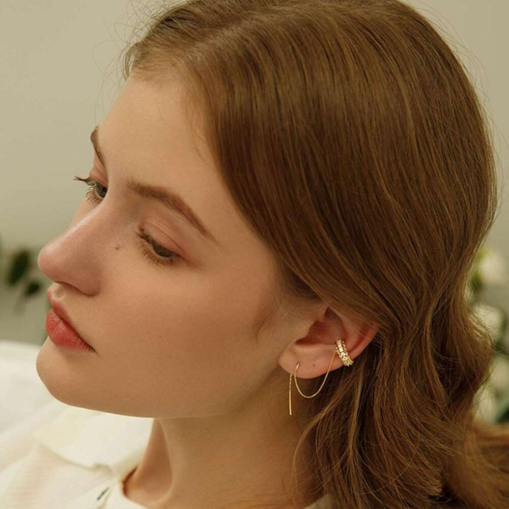 Hie women 14k Dainty Gold Tassel Chain Drop Dangle Small Hoop Stud for Women Teen Cubic Zirconia Sparkling Earrings Clip Womens earrings