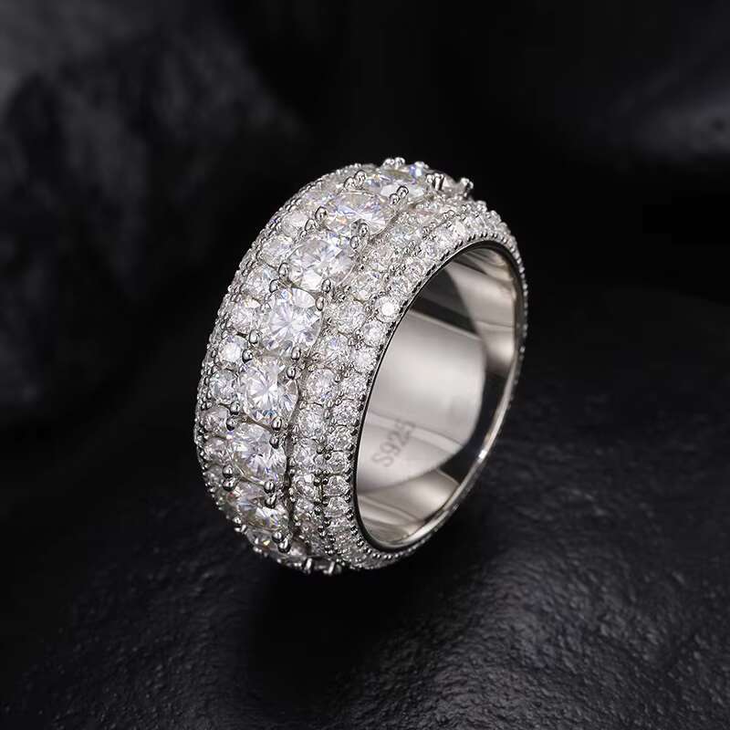 Luxury 5 Row Moissanite S925 Sterling Silver Gold Plated Iced Out Ring Gra Certified Hiphop Moissanite Ring Men
