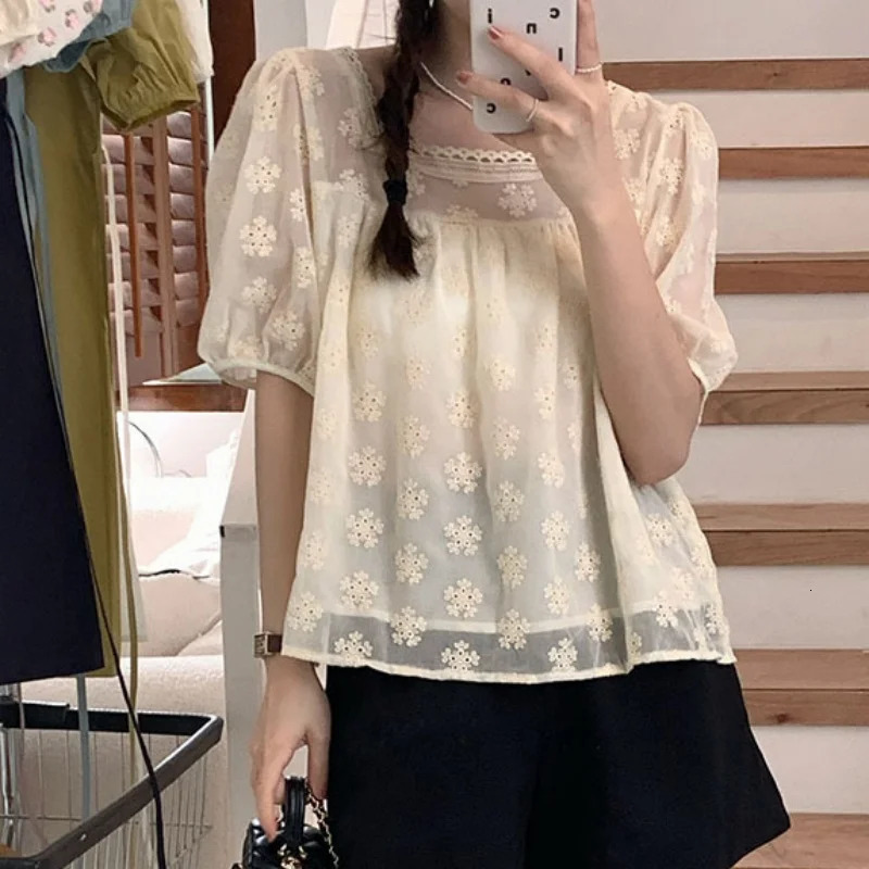 Summer Short Sleeve Chiffon Women Blouse Fashion Casual Hollow Out Shirt Square Neck Elegant Puff Sweet Tops 250614