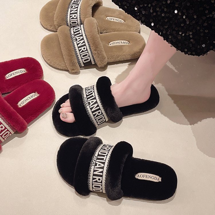 Elegant versatile plush women's slippers autumn winter new design fashionable flat bottom letter embroidery cotton slipper
