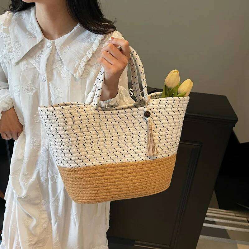 Quality Summer Beach Tote Bags For Women Cotton Rope Woven Contrast Color Large Capacity Shopper Shoulder Totes With Tassels