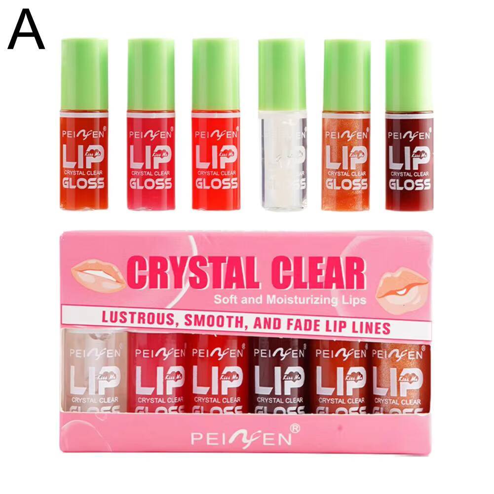 6PCS Moisturizing Gloss Transparent Oil Glaze Lip Plumper Hydrating Make Up Liquid Lipstick Set Cosmetics happy