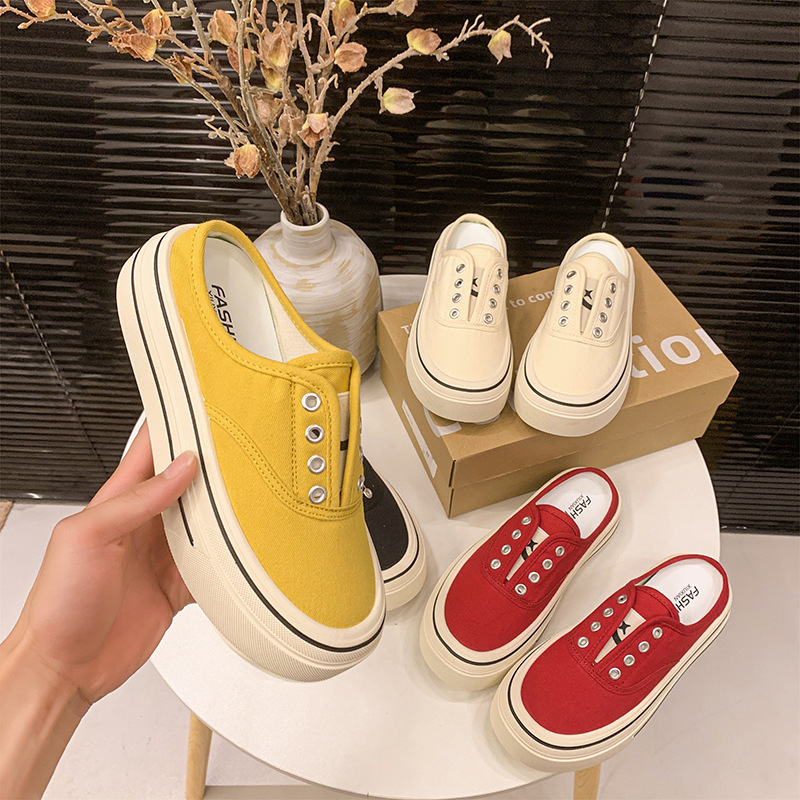 Ddmyoutdoor Baotou Half Slippers For Women Summer New Casual Canvas Shoes Without Heel Versatile Lazy Slip On Thick Sole Ins Outdoor Shoes