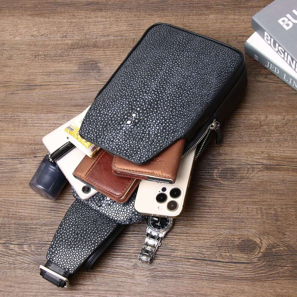 Smooth Fish New Pearl Pattern Chest Classic Outdoor Crossbody Genuine Leather Men's Bag