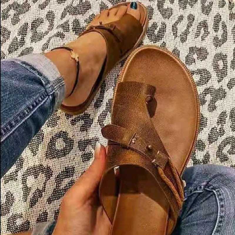 2024 Sandals for Women Orthopedic Bunion Corrector Slippers Leather Ring Toe Sandal Comfy Platform Flat Lady Shoes Plus Sizes 43 Z250614