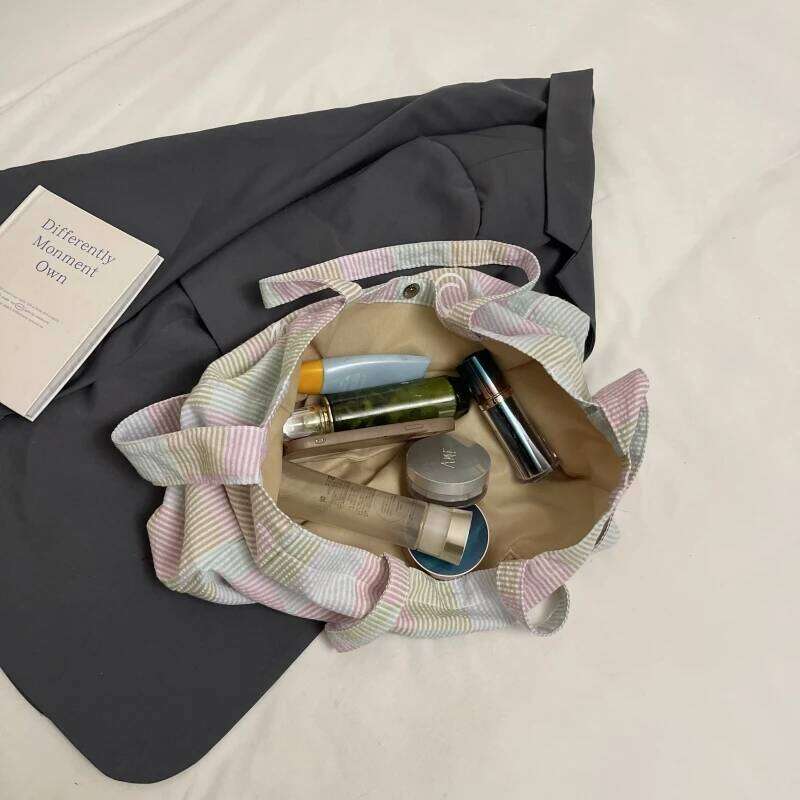 2025 Summer New Trends Striped Plaid Tote Bags For Women Cotton Fabric Letter Prints Large Capacity Shoulder Shopper Student Bag