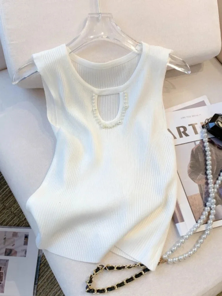 Korea Knitted Vests Women Top Solid Tank Blusas Summer Fashion Female Sleeveless Beading Hollow Out Casual Thin Tops 250614