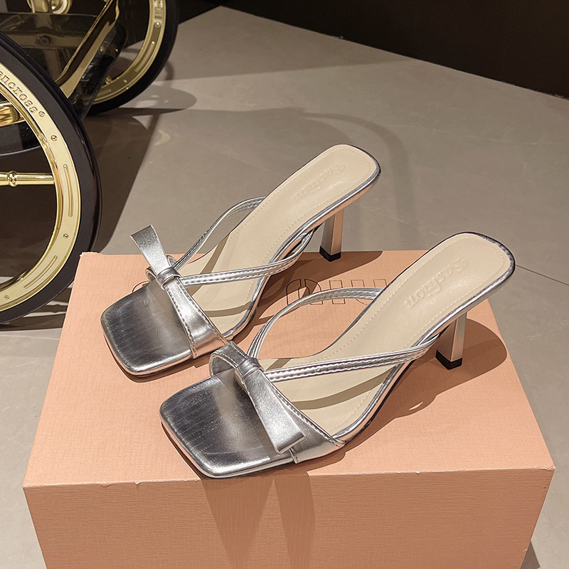 Ddmyoutdoor Fairy Style Elegant Dress Sandals Sweet Bowknot One Strap Slippers Women Summer Outdoor Open Toe Stiletto Heels Outdoor Shoes