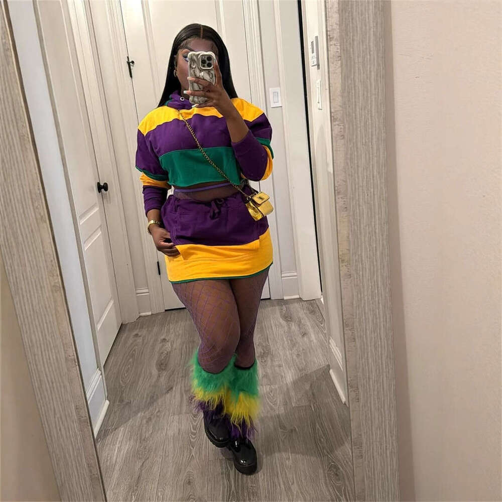 New Orleans Festival Color-Block Trendy Striped Loose Short Top With Tie Waist Bodycon Skirt Set B5