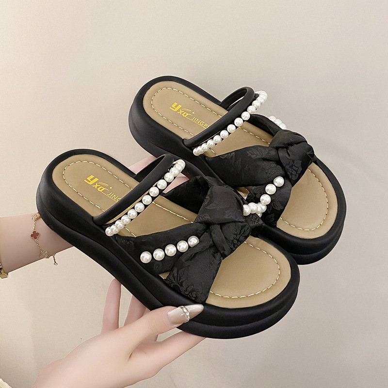 Ddmyoutdoor Ddmyoutdoor Thick Sole Pearl Slippers Women Outdoor Wear Summer New Style One Strap Cross Flat Sandals For Shoes Outdoor Shoes