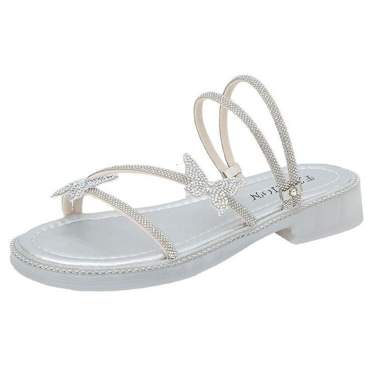 Ddmyoutdoor Stunning Women S Slippers Summer New Trendy Butterfly Rhinestone One Strap Fairy Style Beach Two Way Sandals Outdoor Shoes