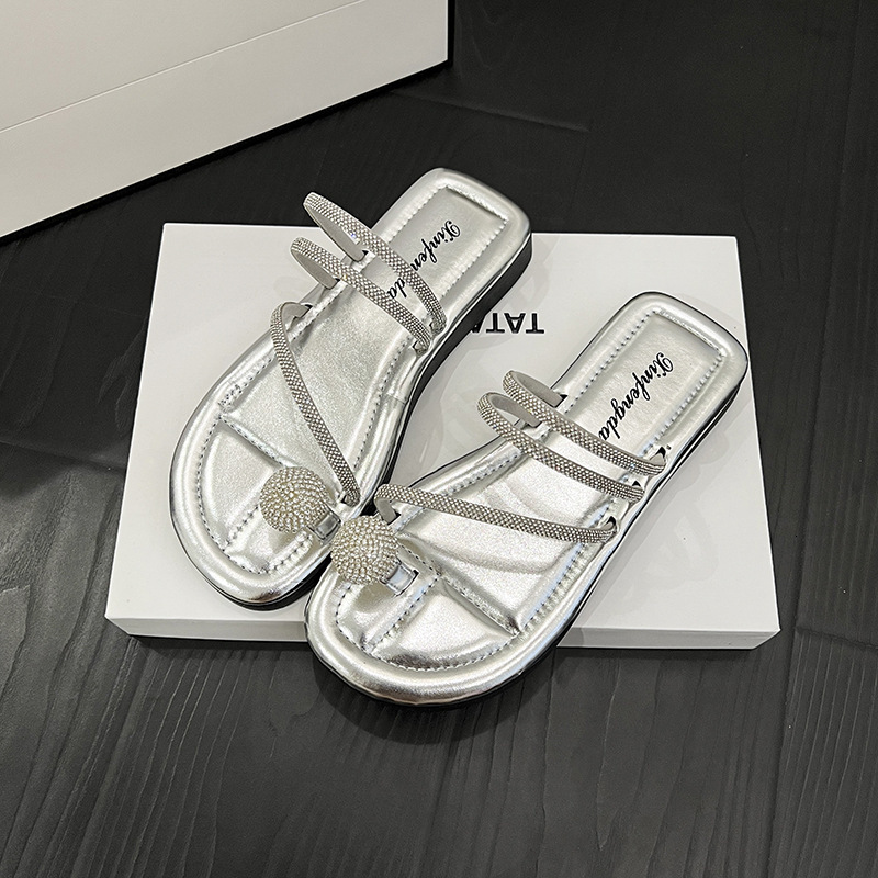 Ddmyoutdoor Flat Sandals For Women Summer Outdoor New Rhinestone Fairy Style Soft Sole Non Slip Toe Post Beach Slippers Outdoor Shoes