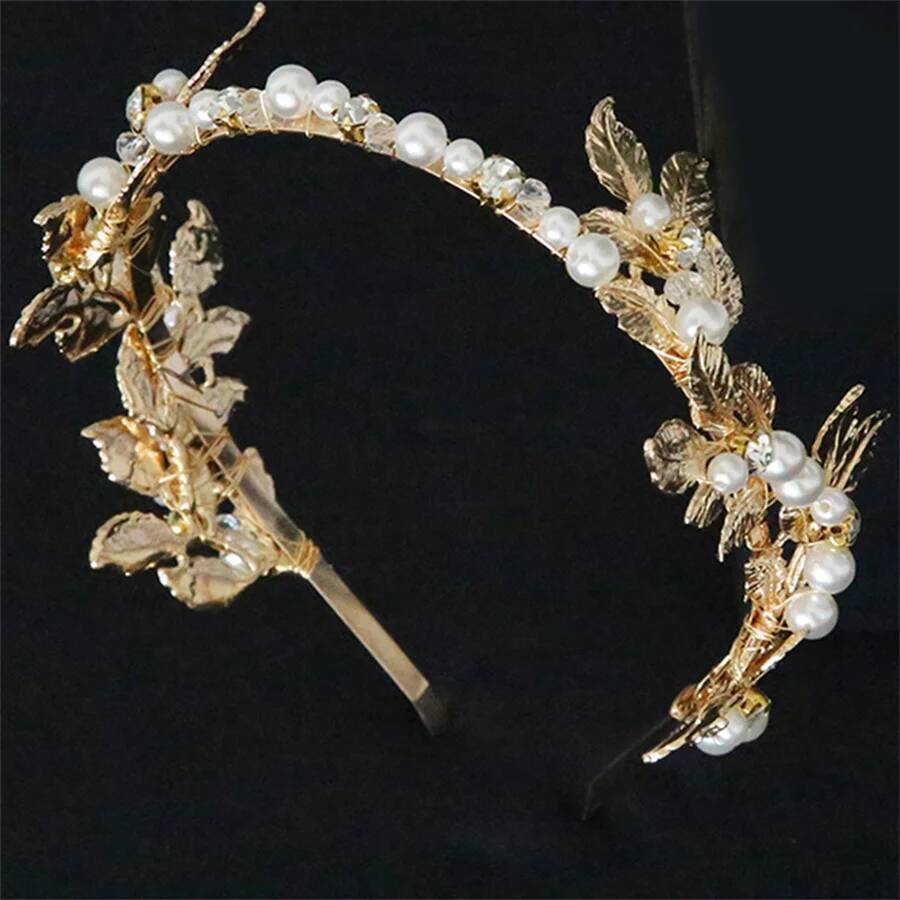Fashionable crystal pearl alloy leaf headband for women romantic elegant bride wedding photography hair accessories