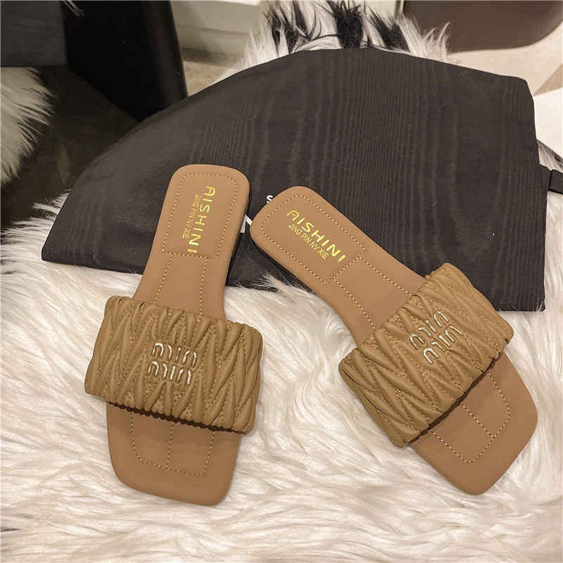 Ddmyoutdoor Women S Summer Outdoor New Flat French Pleated Casual Beach Sandals Fairy Style One Strap Slippers Outdoor Shoes