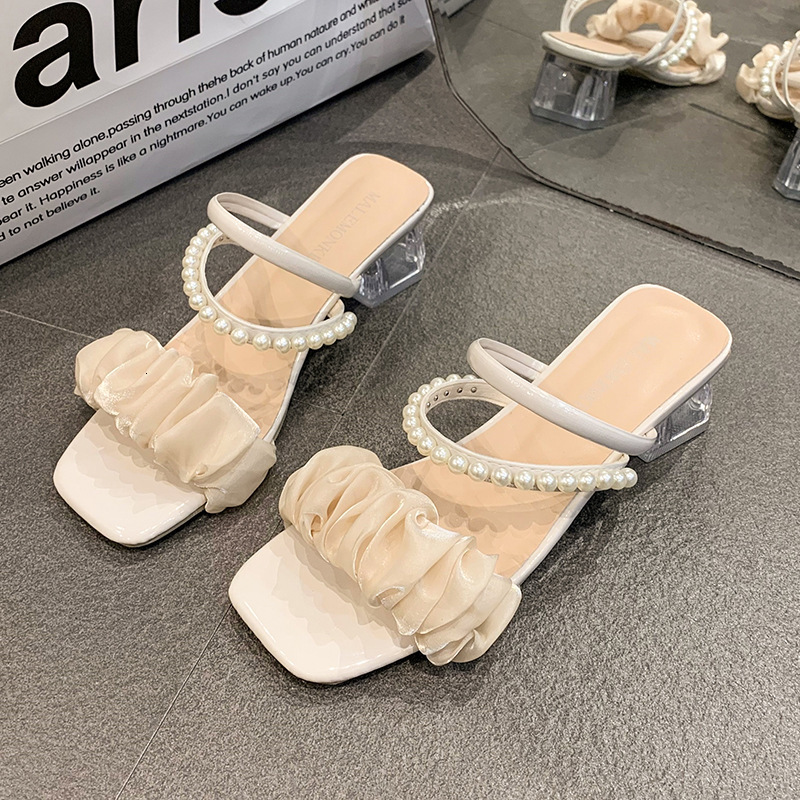 Ddmysports Summer New Women S Mid Heel Chunky French Versatile Outdoor Fairy Style Pearl Two Way Sandals Outdoor Shoes