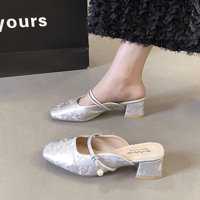 Ddmyoutdoor Baotou Half Slippers For Women Summer Outdoor Wear New Korean Style French Evening Breeze Elegant Silver Single Shoes With Thick Heels Out