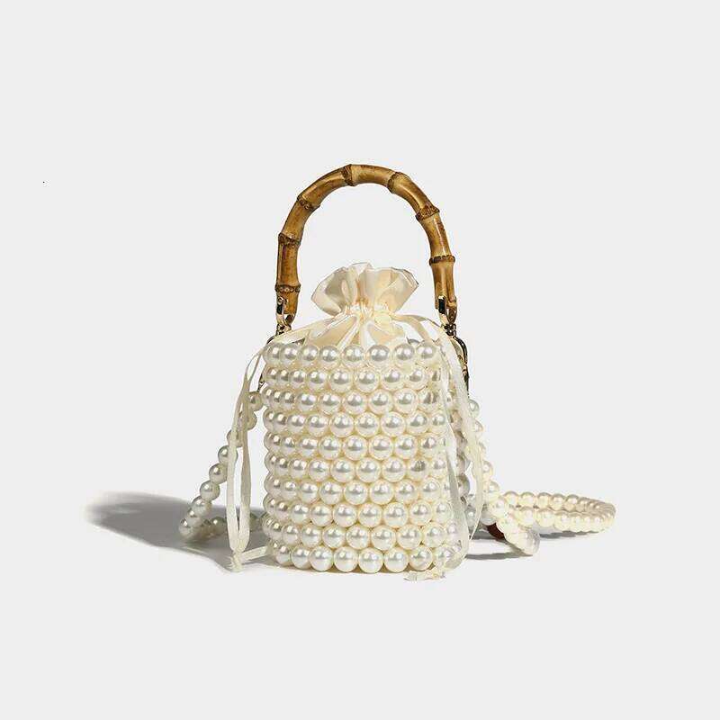 New Beading Acrylic Pearl Handbag Fashion Bamboo Handle Women's Cylindrical Shape Drawstring Evening Clutches Bag