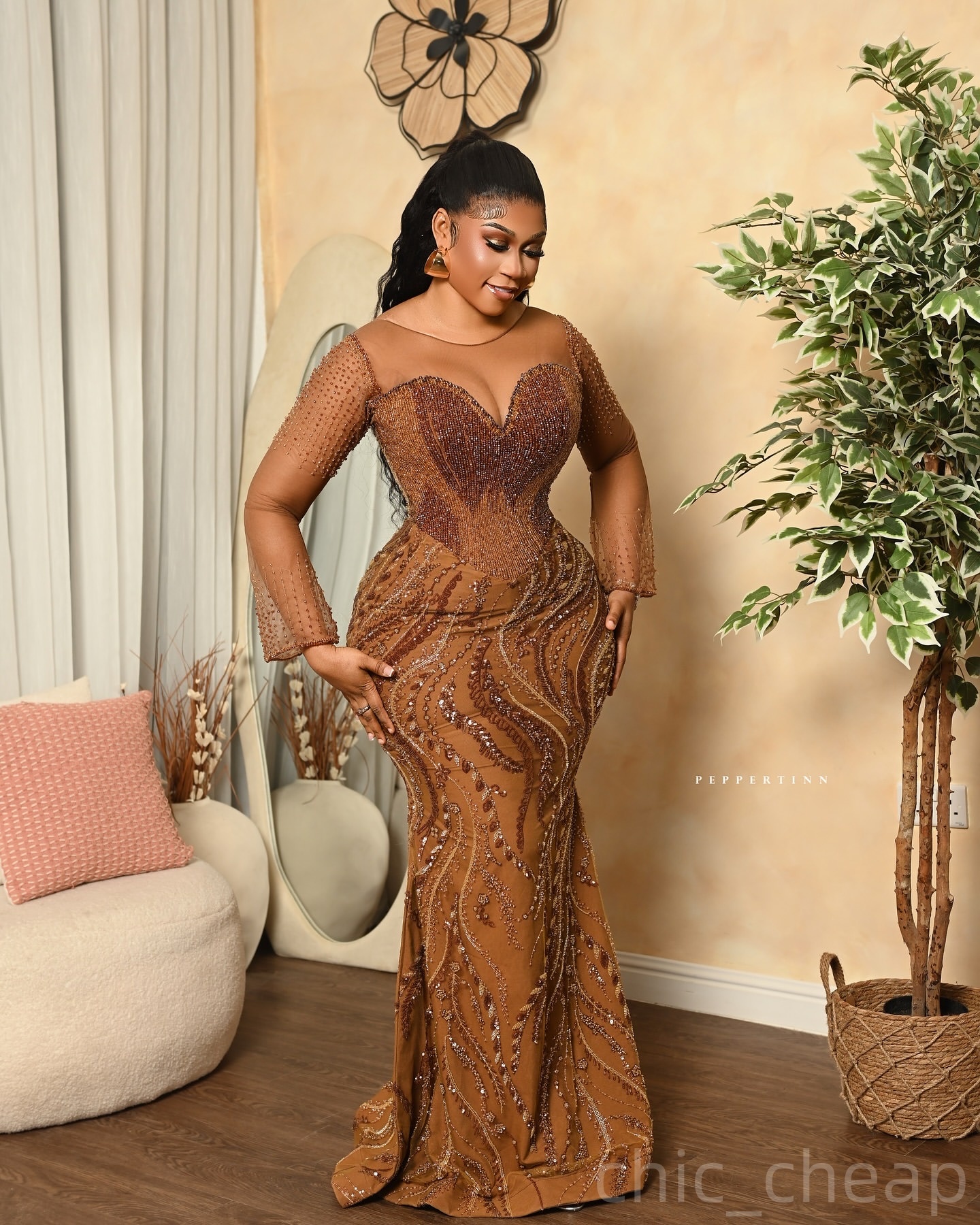 Mermaid Brown Prom Dresses 2025 Beaded Sequined Sheer Neck Illusion Evening Formal Party Second Birthday Engagement Gowns Plus Size Dress For Special 
