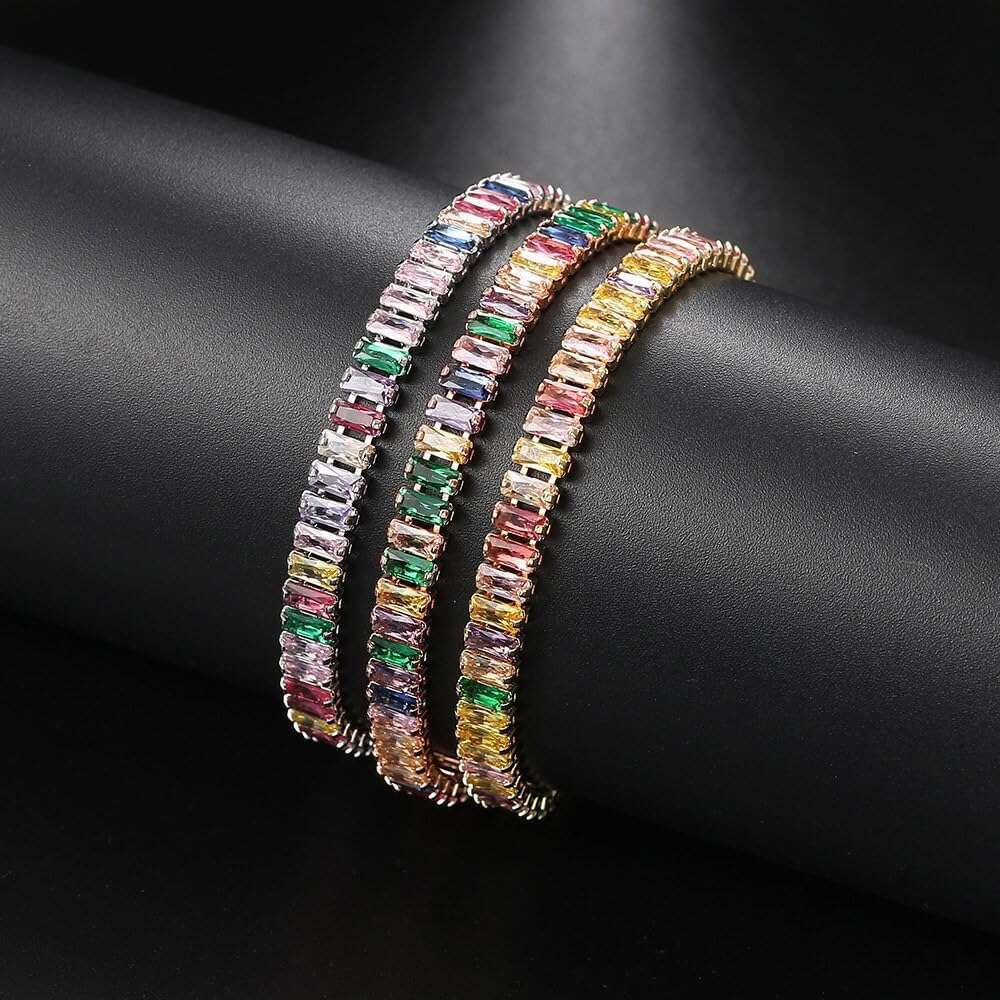 Women Tennis Bracelet, Classic Colorful Rainbow Cubic Zirconia Brass Bracelet Bridal Bridesmaids Wedding Birthday Mother's Day Jewelry Gifts Size