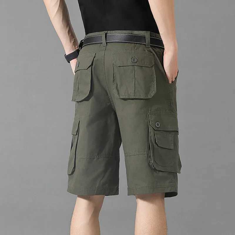 Summer Safari Style Casual Shorts Men Cotton Solid Color Multiple Pockets Cargo Shorts Mens Daily Loose Knee Length Plus Size W250614