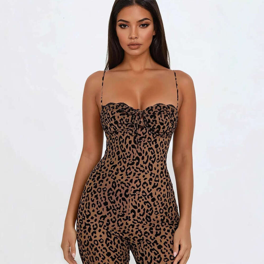 Women's Sleeveless Leopard Print Backless Slim Fit Strap Tube Top High Waist Hip-Lifting Jumpsuit B5