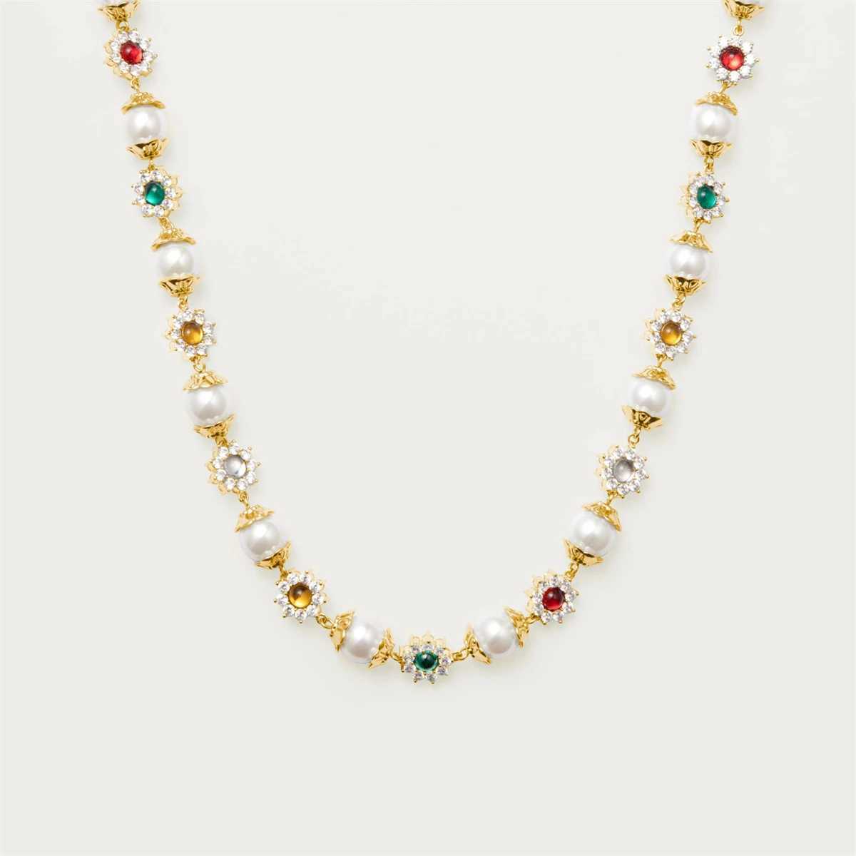 New INS hot selling pearl flower set with diamonds colorful gemstones niche fashion versatile gold-plated necklace Z250614