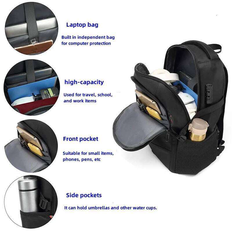 Backpack For Men Women, Fashionable Black, Large Capacity, Anti-Theft, Waterproof, And Durable Laptop Bag, USB Charging Port