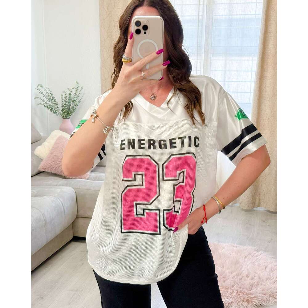 Summer New Ins Street Versatile Mesh Loose Patchwork Letter Print Short Sleeve T-Shirt Women's Clothing B5
