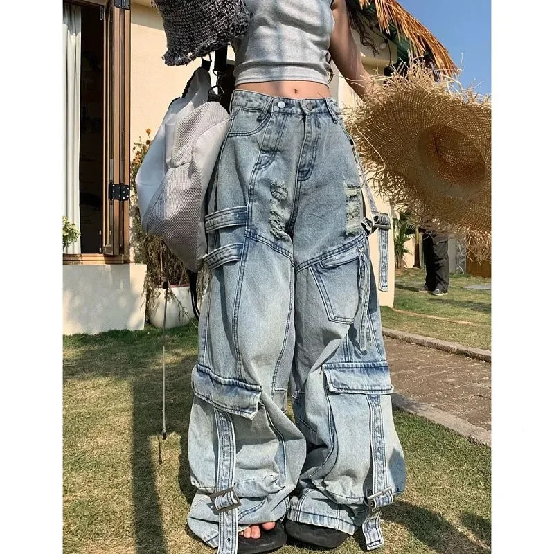 American Fashion Vintage Washing Heavy Industry Multipocket Tooling Jeans Female Y2K Street Baggy Drop Pants Tide 250612