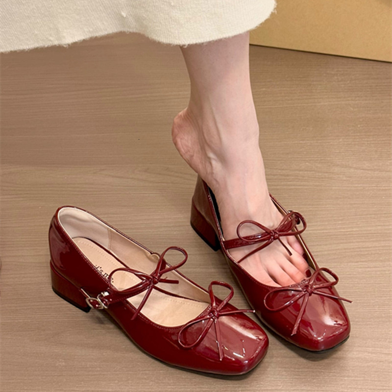 Ddmyoutdoor French Bowknot Square Toe Mary Jane For Women Spring New Style To Match Dresses Evening Single Chunky Heel Small Leather Shoes Outdoor Sho